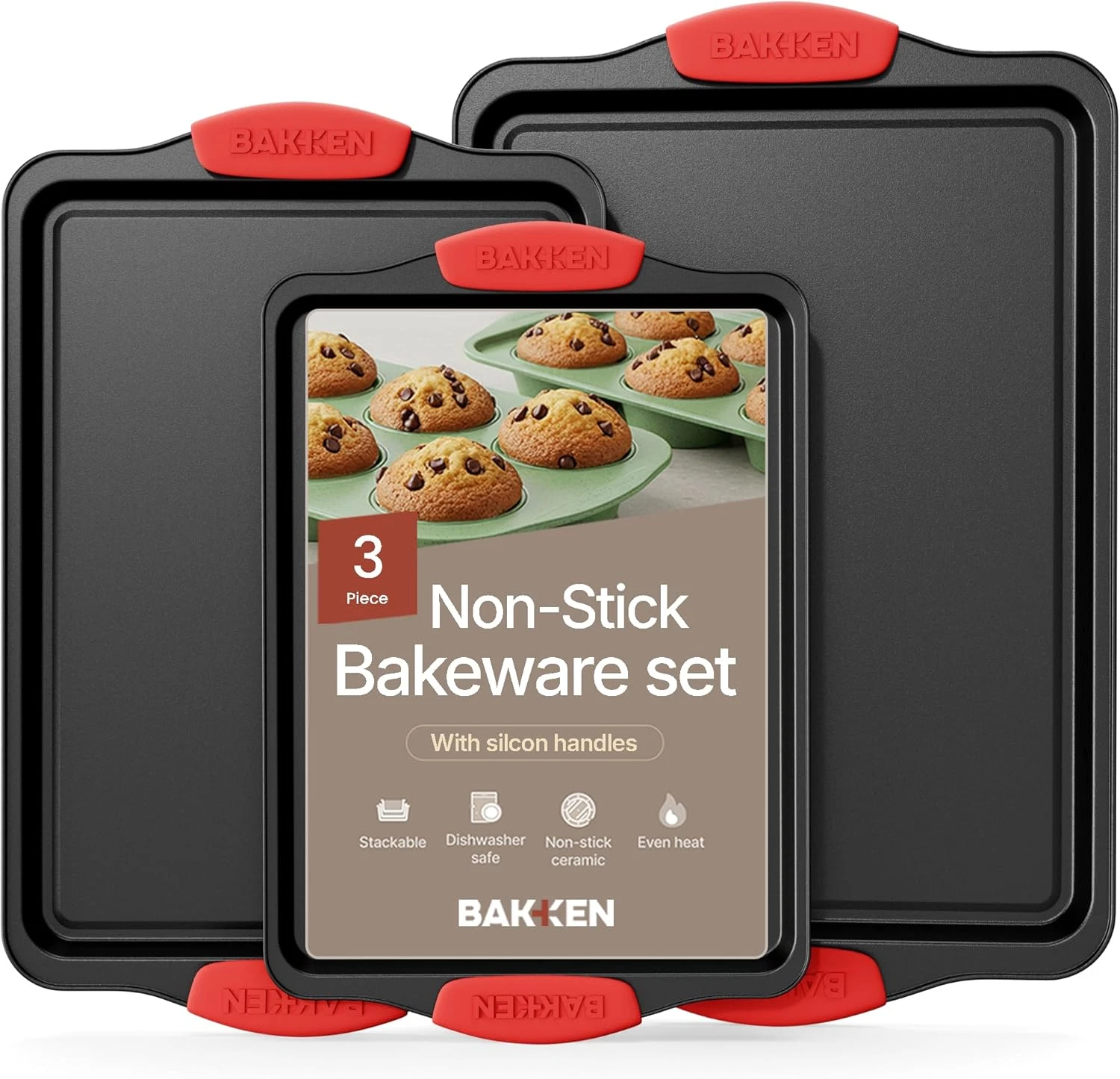 Baking Pan Set – 3 Piece Cookie Sheet – Deluxe Black Non-Stick Carbon Steel – Si