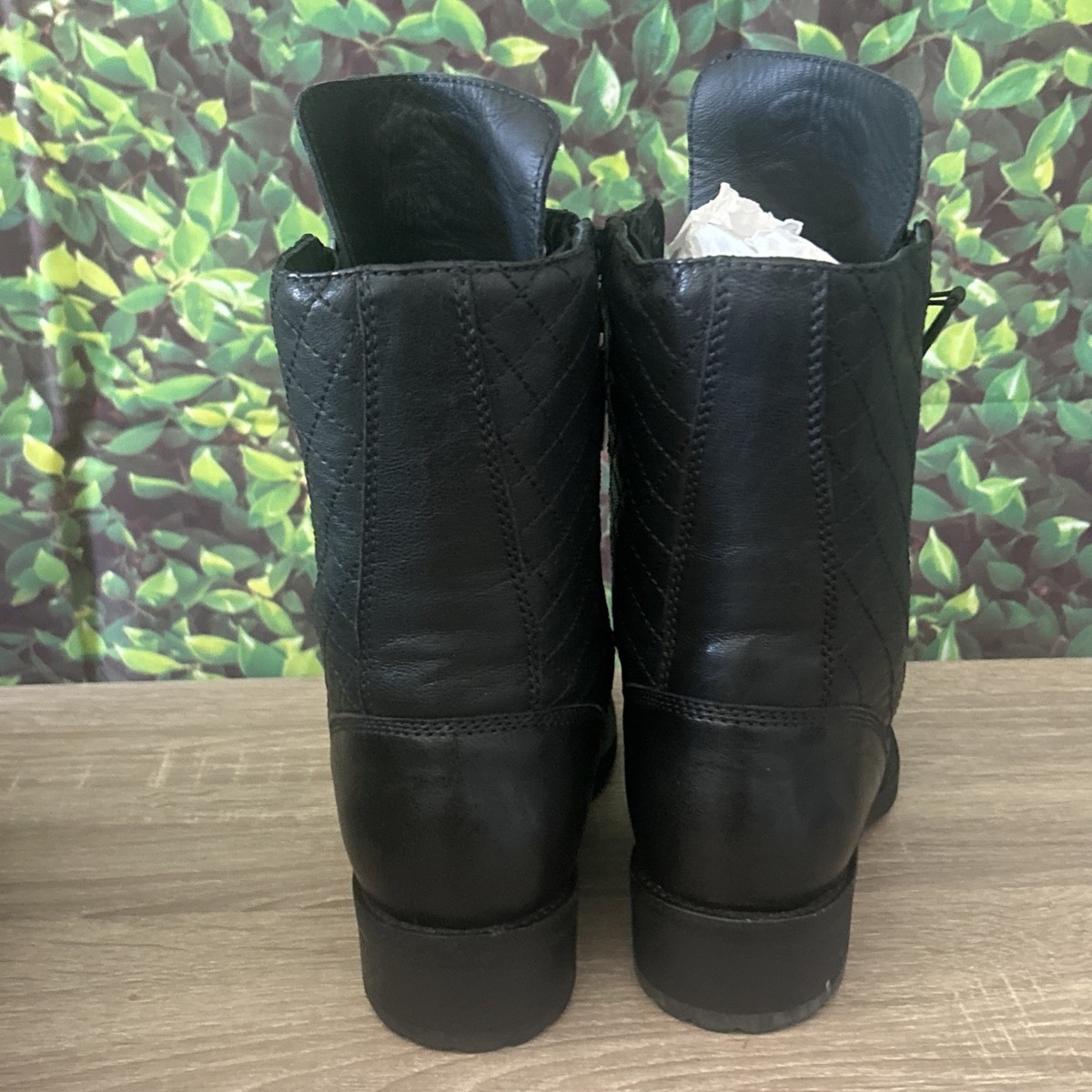 Auth. CHANEL CC Logo Quilted Black Leather Moto Biker Combat Boots