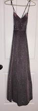 Silver Glitter Strappy Long A-Line Formal Evening Gown V-Neck Sleeveless