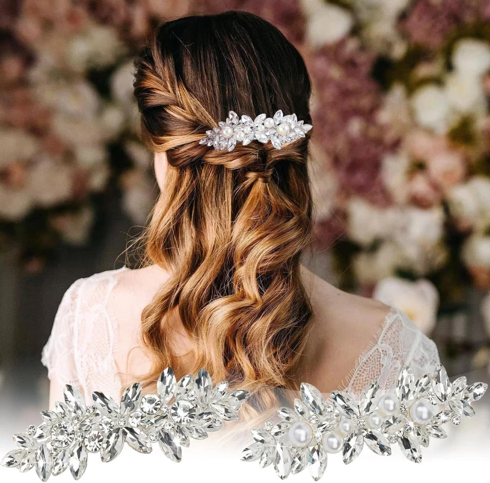 3 Clips Cheveux Mariée Strass Argenté Cristal Perle Fleur Barrettes - Photo 4/4