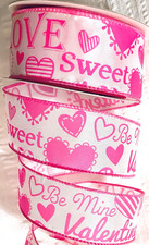 Valentine's Day 1.5" by 2 yd White Wired Ribbon Pink Hearts and More Bow Accent