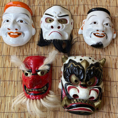 5er Set Japanische Masken Kagura Noh Keramik Ebisu Tengu Oni Ornament Innenra...