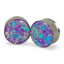 Pair Embedded Atomic Lavender/Aqua Glitter Double Flare Plugs (EMB-027) gauges