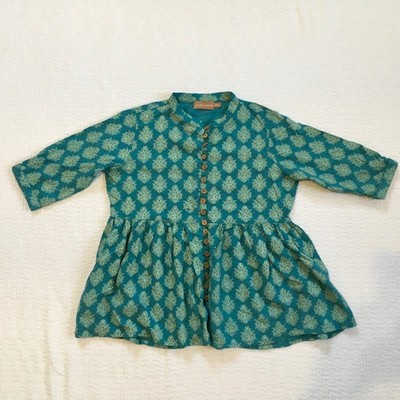 Sassafras Womens S Teal Boho Indie Damask Peplum Tunic Top Festival