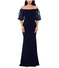XSCAPE Womens Off the Shoulder Long Evening Gown Dress, navy, Petite, 12P