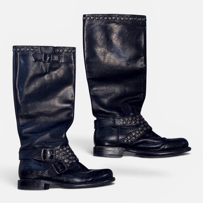 Frye 76415 Studded Harness Tall Boots Women s 6.5 B Black Double Buckle Riding
