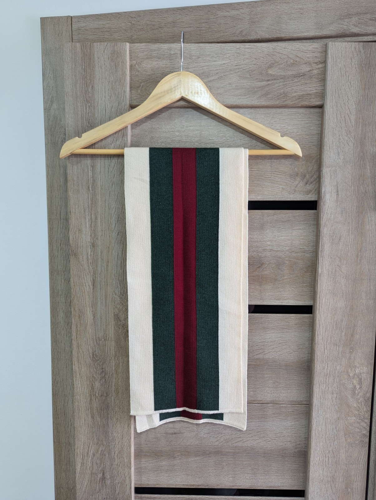 Gucci Green Red Web Beige Wool Silk Scarf