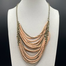 Vintage VTG Multistrand Collar Necklace Peach Seed Beads Brass Chain Aluminum