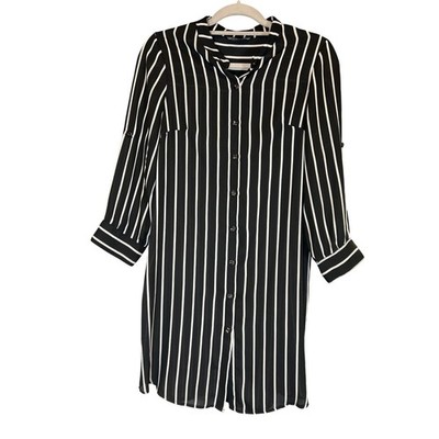 QILI.SHOP Womens Black White Striped Roll Tab Sleeve Button Front Shirt Dress XL
