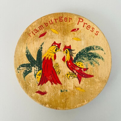 Vintage 50s 60s MCM Cragstan Hand Painted Roosters Wood Hamburger Press Japan