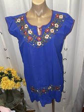 Vintage 70's Blue Gauze Cotton Mexican Embroidered Hippy Caftan Dress Tunic S/M