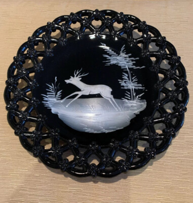 VTG Westmoreland Mary Gregory Black Lattice Glass Plate Deer Stag