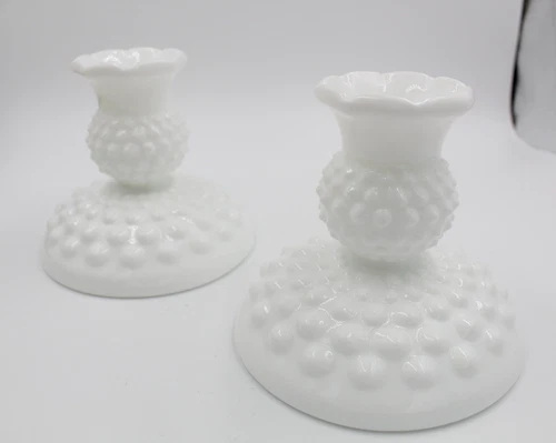 Vintage Milk Glass Fenton Hobnail Glass Candle Holders X 2
