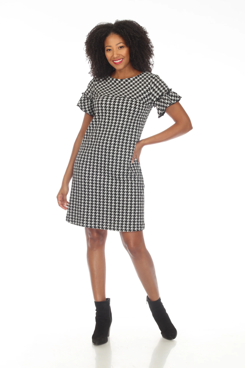 Joseph Ribkoff Black/Off-White Houndstooth Ruffled Sleeve Shift