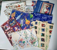VTG  Christmas Gift Wrapping Paper Sheets & Scraps Crafting Lot 7 Patterns 
