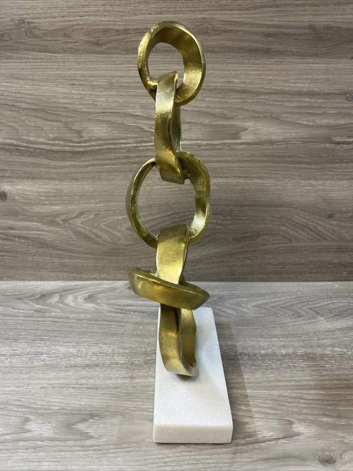Gold Aluminum Modern Ring Sculpture White Stone Base. - Image 3 of 4