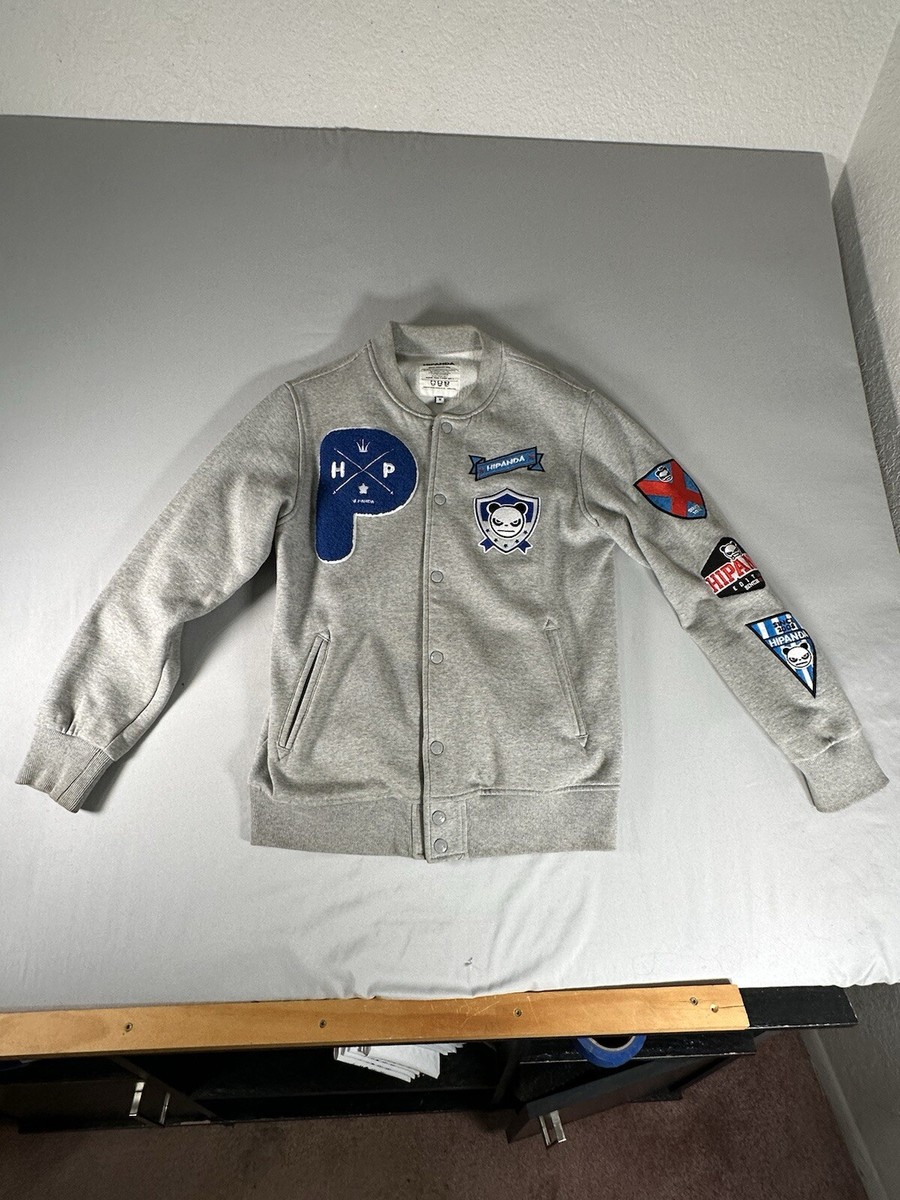 Hipanda Gray button up jacket. Size medium Six Panda patches