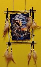 Bohemian Eagle Metal Framed Dream Catcher - Brown  White Feather Dangles 9"Long