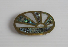 Vintage Solid Brass with Inlaid Mother of Pearl Abalone Shell Belt Buckle