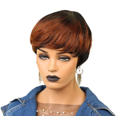 Short Pixie Cut Wig Human Hair Machine Made Bob with Bangs Pre-Styled Short Pixie Cut Wig Bob Human Hair with Bangs Full Machine  main image 4