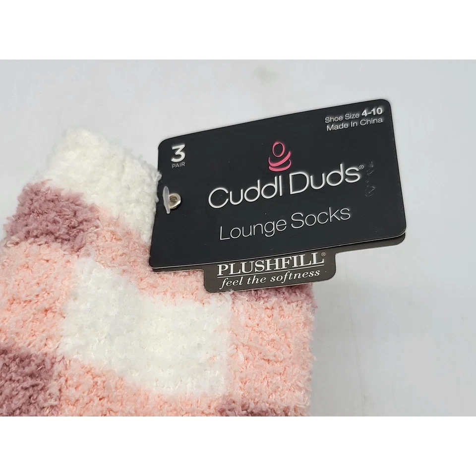 Cuddl Duds 休闲袜 3 双毛绒粉色白色方格鞋 4-10 码 — 第 3/3 张图片