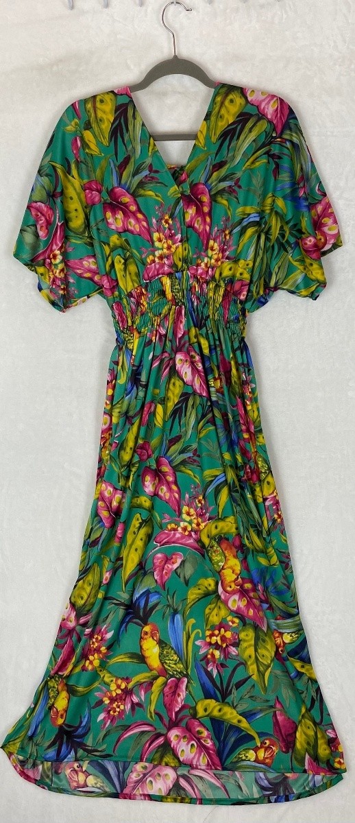 Tropical M/L Green Parrot Jungle Kaftan Maxi Dress V-Neck Smocked Beach Resort