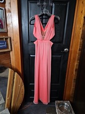 Jim Hjelm Coral Chiffon Overlay Grecian Long Dress/Gown Cut Out Sides-jewel Neck