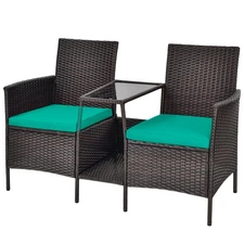 Patiojoy Rattan Wicker Conversation Set Sofa Cushioned Loveseat Table Turquoise