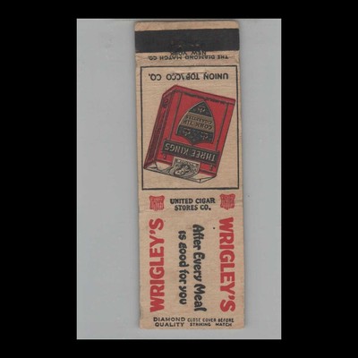 1930s Matchbook Cover Diamond Quality Wrigley's Gum 3 Kings Cork Tip Cigarettes