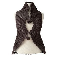 VINTAGE HANDMADE CROCHET BROWN KNIT VEST WITH ROSETTE STRING TIES