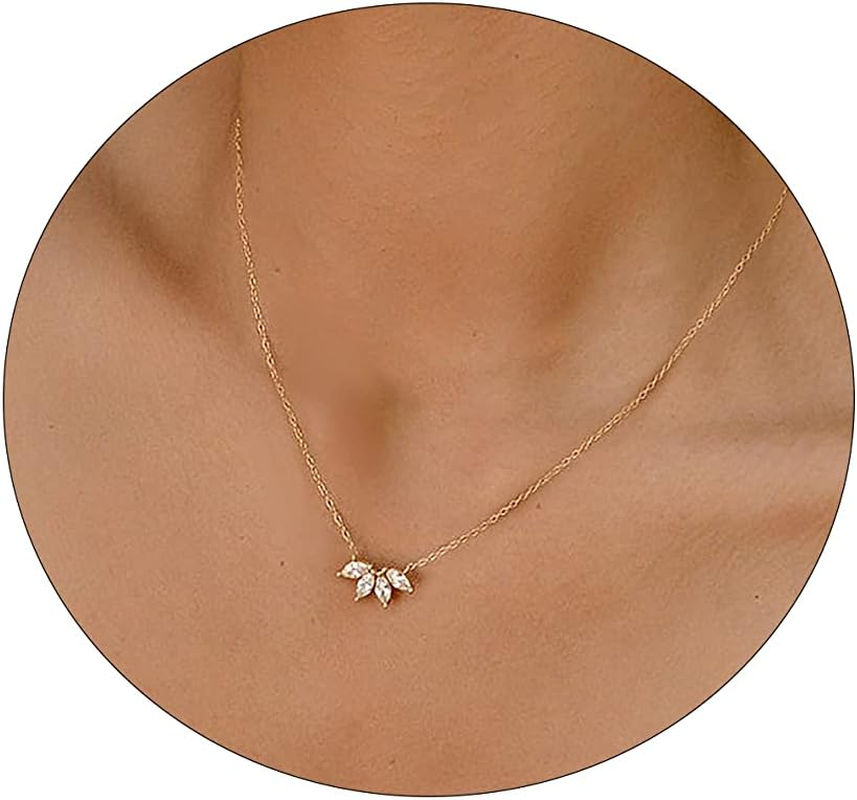 Diamond Necklaces for Women, Dainty 14K Gold Plated Leaf Pendant Necklace Layere