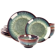 Dinner Set 12 Pieces - Round Reactive Glaze Tableware - Kitchen Dinnerware Po...
