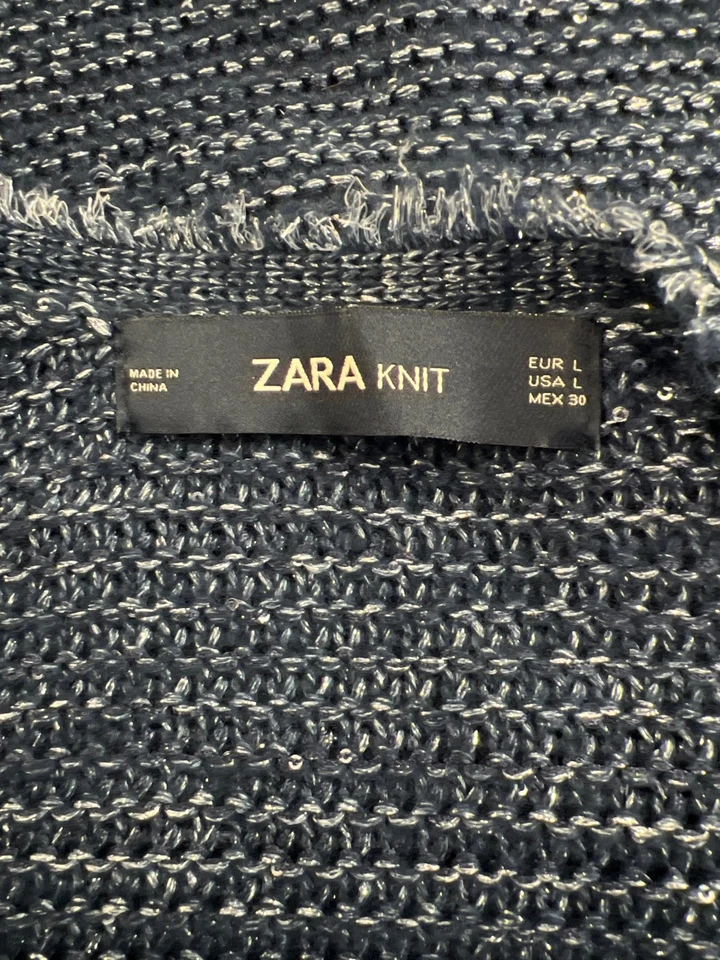 Cardigã Zara feminino malha azul metálico manga longa bolso frontal aberto suéter -G - Imagem 3 de 3