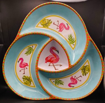 Pier 1 Imports Flamingo 3 Abschnitte Melamin Serviertablett Platte 13'' Tropisch