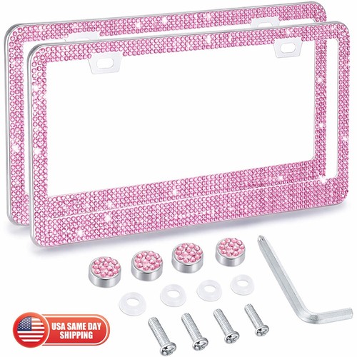 2 pcs Bling License Plate Frames Glitter Sparkly Rhinestone Pink for Women Gift