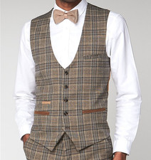 MENS MARC DARCY SMART DRESSY TWEED CHECK COLLAR WAISTCOAT ENZO - TAN