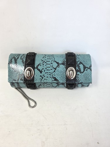 TARAH SMITH Leather Clutch Teal Snakeskin Studded Purse Wristlet