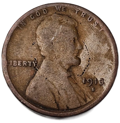 1913-S LINCOLN CENT GOOD, BROWN FREE USA SHIPPING