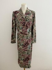 Vintage 90s Damen Midikleid L Grün Rosé Muster Gürtel Wolle Y2K Elegant Langarm