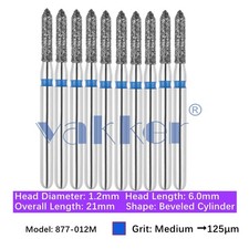 Vakker 10pc Dental 877-012M Medium Grit FG Diamond Burs Beveled Cylinder Bur