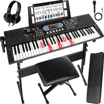 61-Key Electric Keyboard Piano with Lighted Keys, Christmas Gifts, Bundle: Stand
