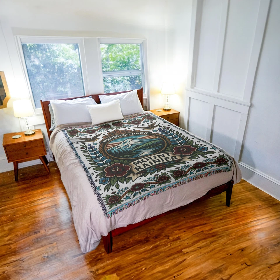 Mount Ranier National Park Tattoo Style Blanket Woven from Cotton (72x54) - Image 3 of 4