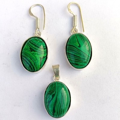 Buy Malachite Gemstone Earring Pendant Set 925 Sterling Silver Plated Jewellery