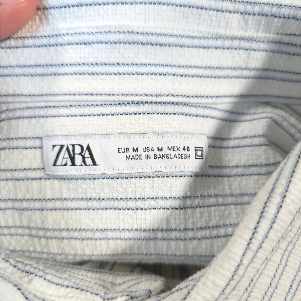 Camisa Zara Abotonada Rayas Hombre Talla M Azul Blanco Gruesa Texturizada Oficina Costera Foto 3 de 4
