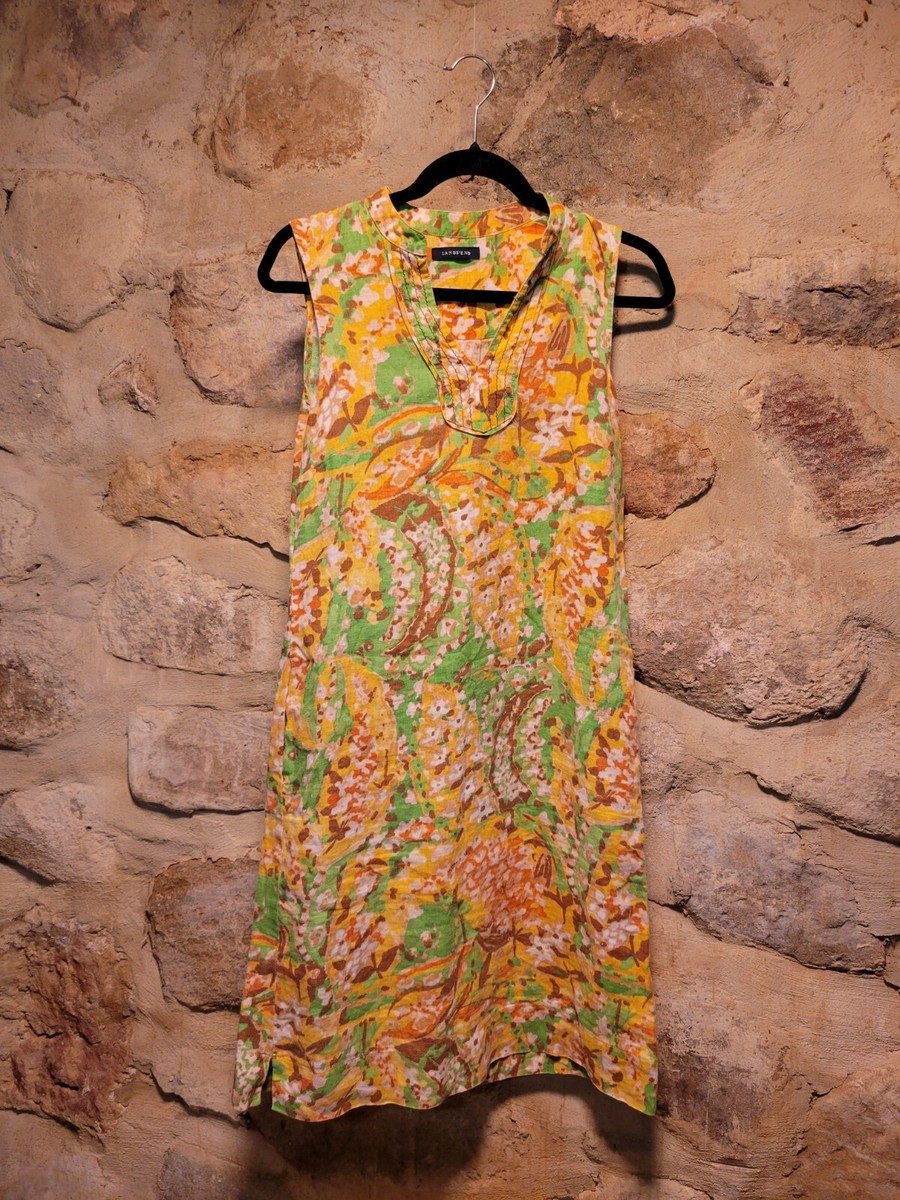 Lands End Women M Sleeveless Linen Tunic Dress, Vintage Yellow Green  Abstract