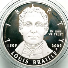 2009 P Louis Braille Commemorative Silver Dollar w/ Box & COA