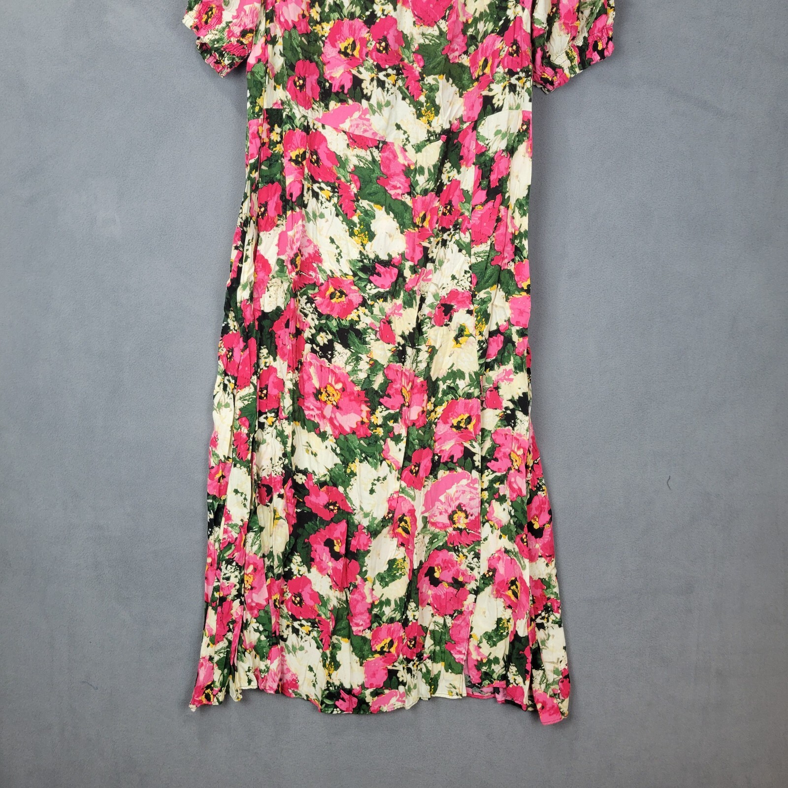 H&M Midi Dress Womens XL Multicolor Floral Square Neck Puff Sleeves Smocked Hems thumbnail 2