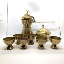 Middle Eastern Dallah Brass Coffee Set Tea Turkish Chalice Cups Lined Vintage