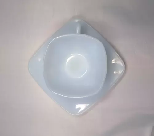 Fireking Charm Blue Azurite Glass Cup & Saucer Square Turquoise Delphite Vintage