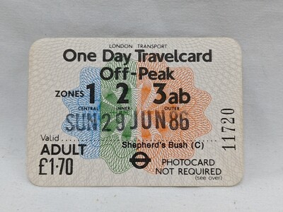 Vintage 1986 London Regional Transport One Day Travelcard Off-Peak Train Ticket